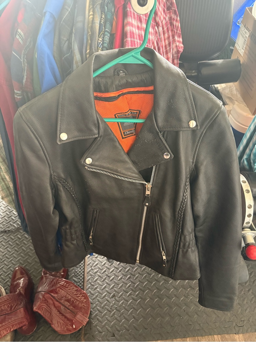 Classic Black Leather Moto Jacket with Orange Lining Only Worn 4 Times